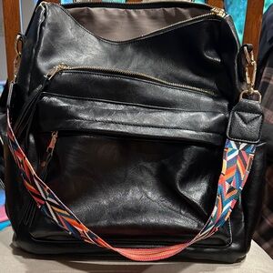 Modern + Chic - Brielle bag / backpack - Black Faux Leather w/ Colorful Strap